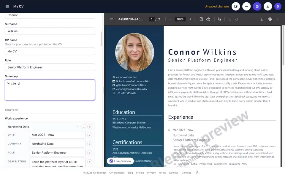 The CVBlender editor with live preview